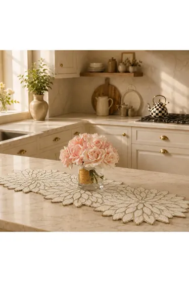 Boncuk İşlemeli Dekoratif Masa Runner 30x90 cm | Krem Gold Çiçek Boncuk İşlemeli Salon ve Yemek Masası Örtüsü