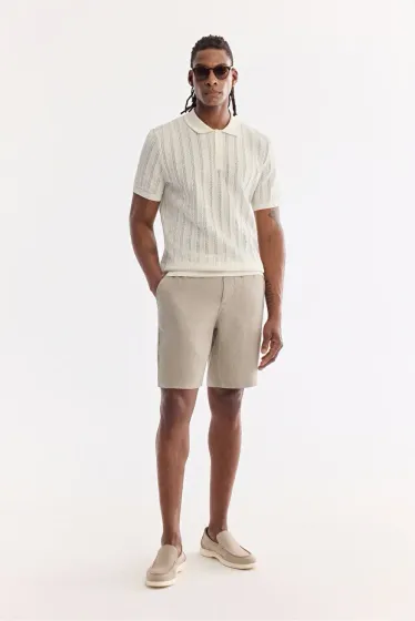 Erkek Gri Beli Lastikli %100 Keten Relaxed Fit Şort B003732