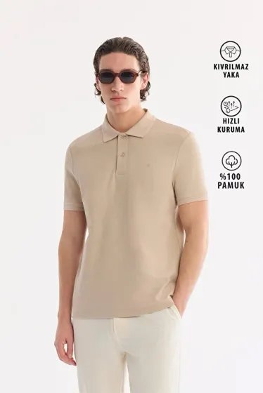 Erkek Bej Kıvrılmaz Polo Yaka %100 Pamuk Basic Regular Fit T-Shirt B001032